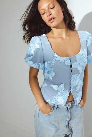 NA-KD Puff Sleeve Pattern Top - Toppe med puff ærmer - Blå - XS