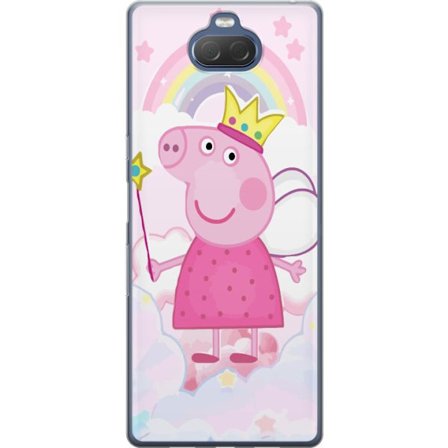 Kompatibelt Mobildeksel til Sony Xperia 10 Plus Peppa Pig prinsessmotiv med krone, vinger og regnbue, eventyrlystne barnillustrasjon på skybakgrunn