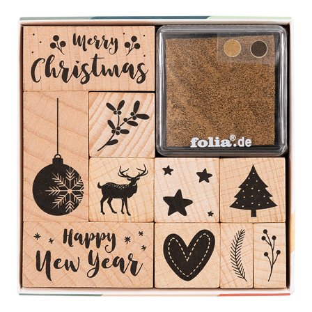 Wooden Stamps + Ink Pad Christmas 10-Pack