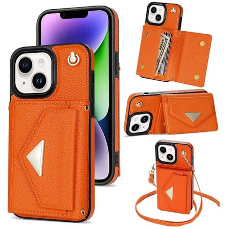 Skal för iPhone 14 med kortfack, reptåligt läder + TPU-skydd med axelrem