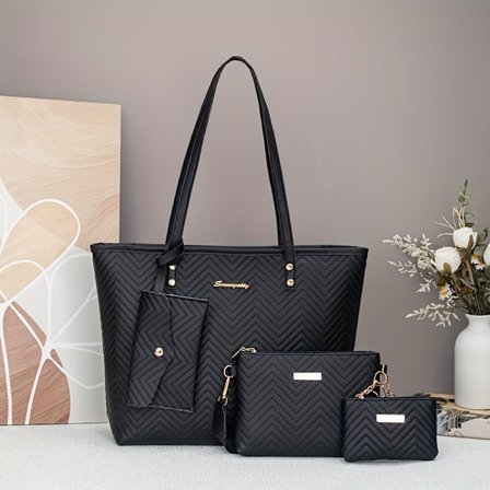 Nyt Moderigtigt Trendy Bølgepræget Alsidigt Fire-Deles Sæt - Stor Kapacitet Tote Taske, To-Deles Crossbody Taske, Lille Håndtaske