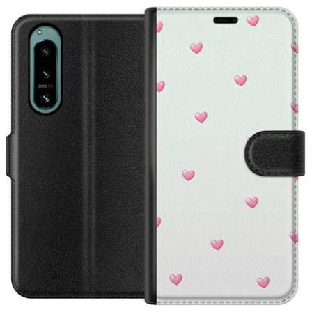 Yhteensopiva Lompakkokotelo Sony Sony Xperia 5 IV Minimalistinen kuvio vaaleanpunaisilla sydämillä vaalealla taustalla, suloinen ja yksinkertainen m