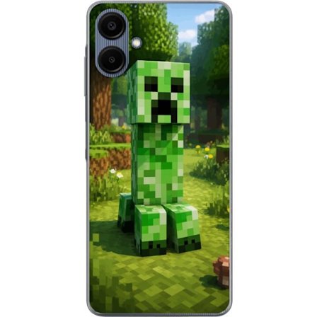 Kompatibelt Mobilskal till Samsung Samsung Galaxy A06 Block-baserad Creeper-figur i en grön pixell värld, ikonisk spelillustration för barnrum, gam
