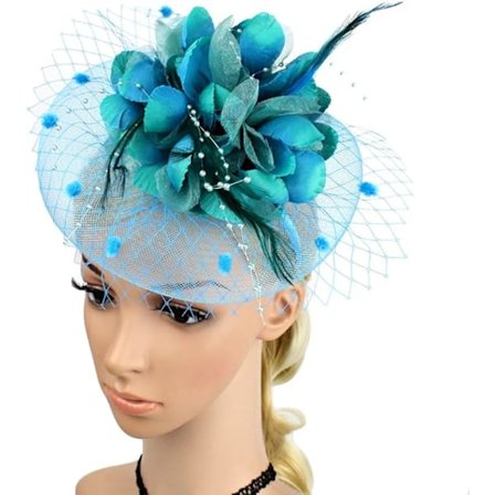 Fascinator Pillbox-hatt for kvinner, blomster bowlerhatt, fjær bryllupscocktailhatt, hårspenne, partyhatt, hårtilbehør med hår (havblå)[qb]