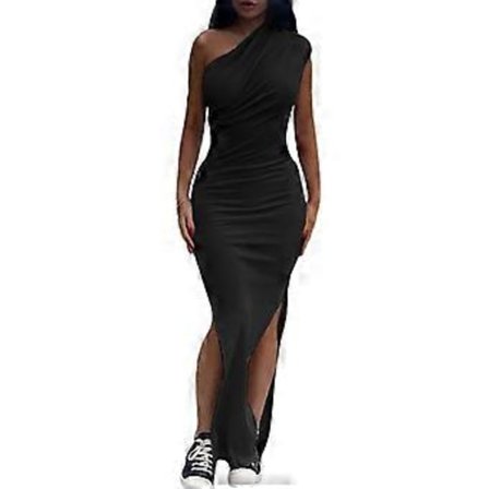En skulder Off Split Lange Nederdele Maxis Ærmeløse Sexede Nederdele Ensfarvet Bodycon Flæsekjoler til Prom Galla Fester Sort M(M Sort)