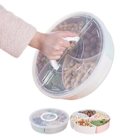 Opdelt serveringsbakke med låg og håndtag Gennemsigtig opbevaringsbeholder med 5 plastikrum til slik, frugt, nødder, snacks