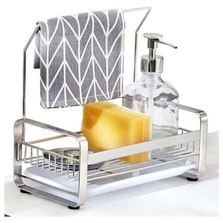 Oppvaskbenkorganisator - Svampstativ i rustfritt stål med håndkleholder, avtakbart panel for oppbevaring av oppvaskbørster, oppvasksvamper og 