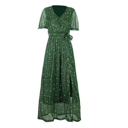 eck Cap Sleeve Strand Plisseret Kant Party Midi Kjole (Grøn 2XL)