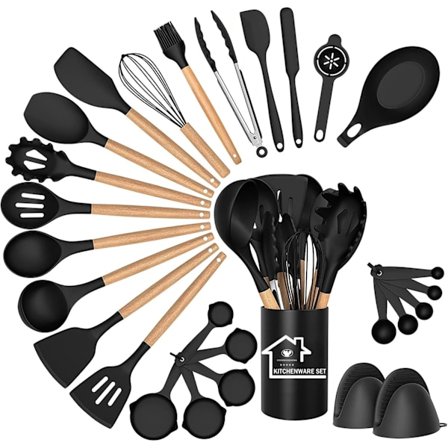 Silikoniset keittiövälineet, 28 kpl, silikoniset keittiövälineet, keittiötarvikkeet, keittiötyökalut ja -laitteet, musta