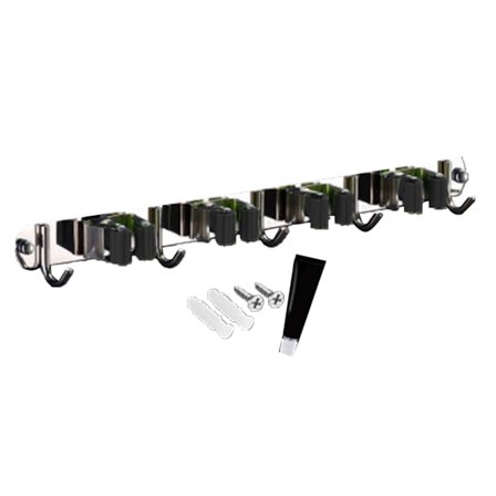 Punch Free Veggmontert Mopp Kost Holder med 4 Klemmer og 5 Kroker Rustfritt Stål Svart