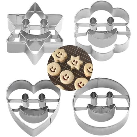 4 stk. kjeksformer i rustfritt stål, smilende kjeksformer, metallform for kjeks til fo