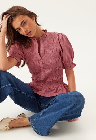 BUBBLEROOM - Short Sleeve Cotton Smock Blouse - Dark pink