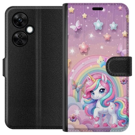 Kompatibel Tegnebogsetui til OnePlus Nord CE3 Magisk enhjørning med regnbue manke, stjerner og sommerfugle mod en pastelfarvet himmel med skyer
