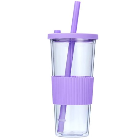 Dubbelväggiga plastglas med lock och sugrör