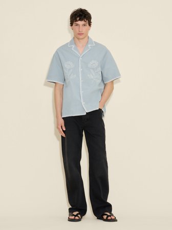 Holzweiler - Pier Embroidery Faded Short Sleeve Shirt - Light Blue - Mens - Extra Small
