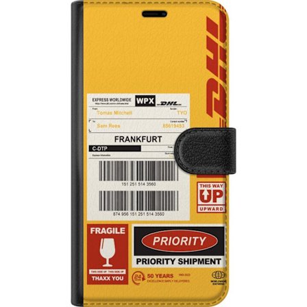Yhteensopiva Lompakkokotelo Google Google Pixel 9a DHL Express rahtietiketti suunnittelu viivakoodeilla, Frankfurt tekstillä ja logistiikkateema gra