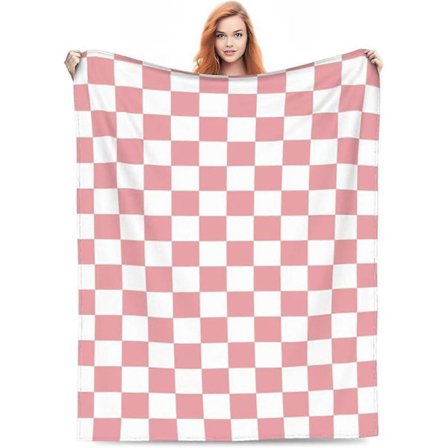 Rosa Rutete Pledd Myk Koselig Plysj Varm Fleecepledd for Sofa Seng