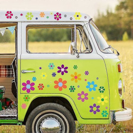 96 kappaletta auton kukkatarroja 60-luvun hippiteemajuhlatarroja monivärisiä daisy-tarroja vinyyli retro kukkatarroja värikkäitä hippitarroja kukka W