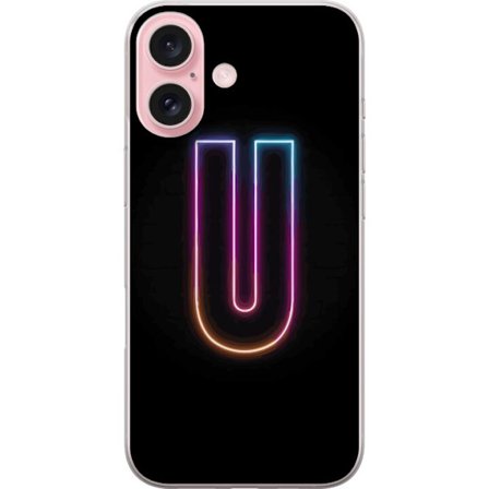 Yhteensopiva Puhelinkuori Apple Apple iPhone 16 Minimaalinen neonkirjain U kirkkaalla valaistustehosteella mustaa taustaa vasten