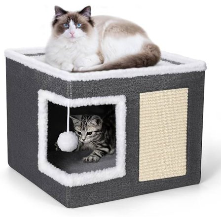 Stort overdækket kattehus, luksus katteseng til indendørs katte, med kradsestolpe, sammenklappeligt kattehul og vendbar måtte
