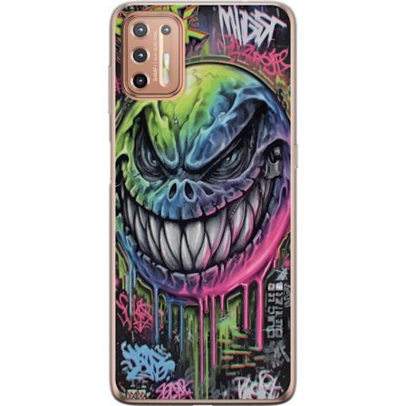 Yhteensopiva Puhelinkuori Motorola Moto G9 Plus Värikäs graffitipiirros pahansuipasti hymyilevästä hirviökasvoista, jossa valuvat neonvärit