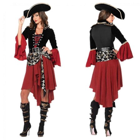 Dam 3 st Grymma Hav Pirat Kapten Klänning Kostym Med Fäst Skärp, Bälte, Hatt, Svart/vinröd-XinHan 25-26_Billiga Gåvor