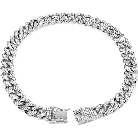 Kedja Diamond Cuban Collar Walking Metal Chain Collar med Design Säkert spänne, Pet Cuban Collar Smycketillbehör (silver, 24 tum)