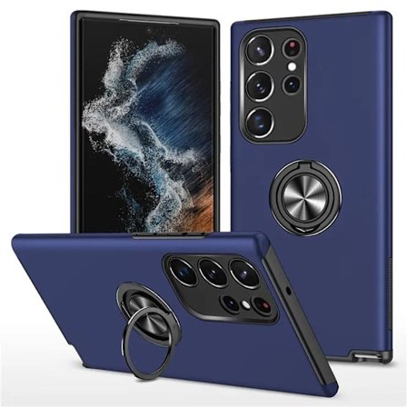 Samsung Galaxy S23 Ultra Finger Ring Stativ Hybrid Etui - Blå
