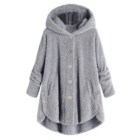 Dame Vinter Varmt Plysset Overfrakke Knappet Jakke Toppe Løse Hættede Yderbeklædning