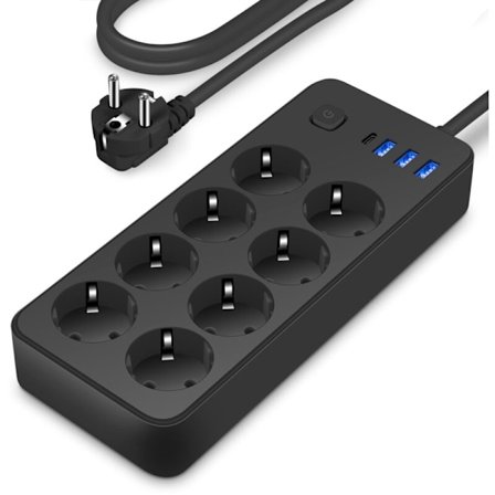 Europeiskt stickproppskort, 8 uttag inklusive USB-port, smart uttag, hemmakontorsströmslist och skjutlist