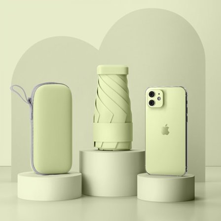 Mini paraply for veske med etui - Liten kompakt UV paraply beskyttelse sol - Lomme lett paraply --- Flat - Matcha grønn