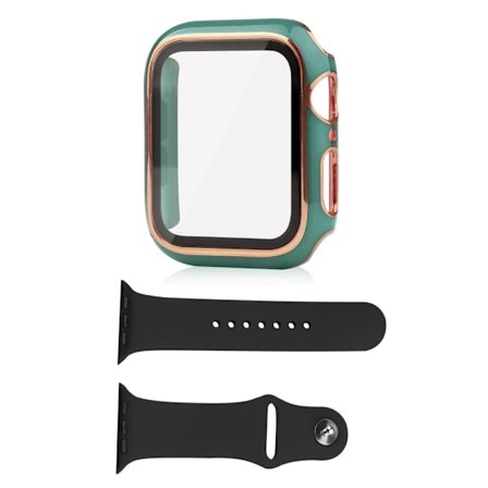 Apple Watch Series 8 (45 mm) cover og silikonecover med hærdet glas - Sortliggrøn / Guld