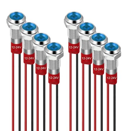 LED-indikatorsignallampor - 8 st, 12-24 V, vattentäta med silverhölje (blå)