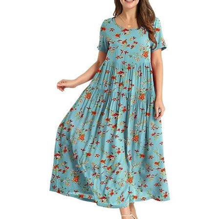 IC Kvinner Casual Løse Bohemske Blomstrete Kjoler med Lommer Kortærmet Sommer Strand Swing Dress