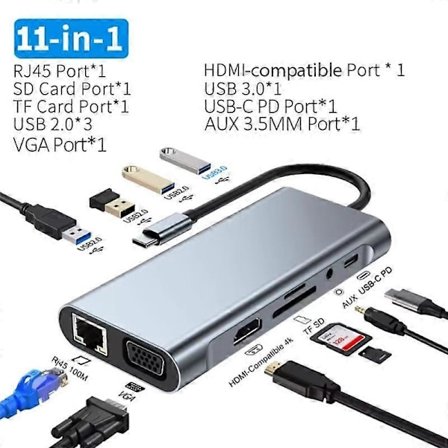 11-i-1 USB-C-hub 4K 30Hz Typ C till RJ45 HDMI-kompatibel USB 3.0 VGA-adapter Typ C HUB-dock PD 87W USB-C-splitter för MacBook Pro Air