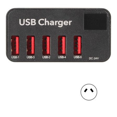 USB-ladestasjon 48W 5-porters skrivebords USB-lader med strømadapter USB-ladehub for telefon bærbare datamaskiner nettbrett 100‐240V AU-plugg