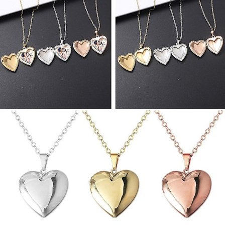 Halsband med foto i hjärtformad ask, medaljong med foto, present till älskare, vänner, par (rostfritt stål)