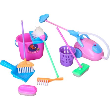 Miniatyr mopp, støvbrett, børste, kost, plastbøtte dukkehus rengjøringsutstyr verktøysett dukkehusmøbler