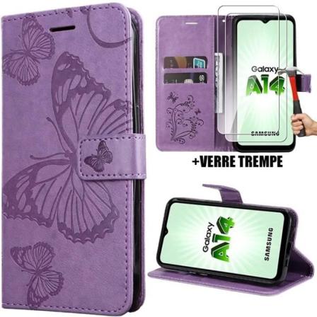 Fodral till Samsung Galaxy A14 4G-5G, Anti-Rapskydd Fjärilsmönster Lila Lädereffekt + 2 fönster i härdat glas