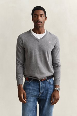 GANT Herren Klassischer V-Neck Pullover aus Baumwolle (XXL) Dunkelgrau