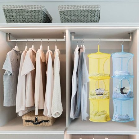 2 stk. 3-lags sammenklappelig netkurv med 3-lags hængende netopbevaringspose til opbevaring Spar plads til skabe, badeværelse og køkken