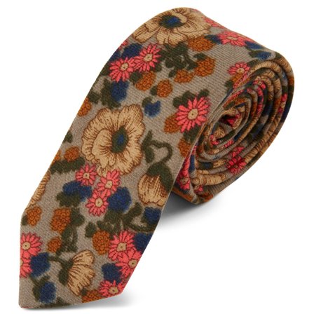 Cravată gri cu model floral retro pentru bărbați - Cravate înguste