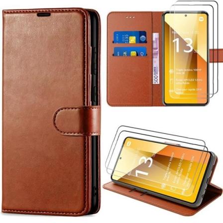 Fodral + 2 härdade glasögon för Xiaomi Redmi Note 13 5G (ej för 4G), PU-läder stötsäkert magnetfodral med korthållare - brun
