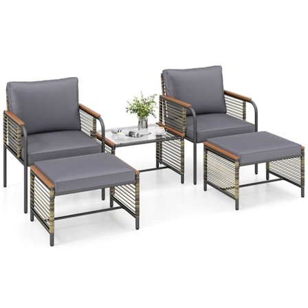 Rattan havemøbelsæt med hynder og bord, grå