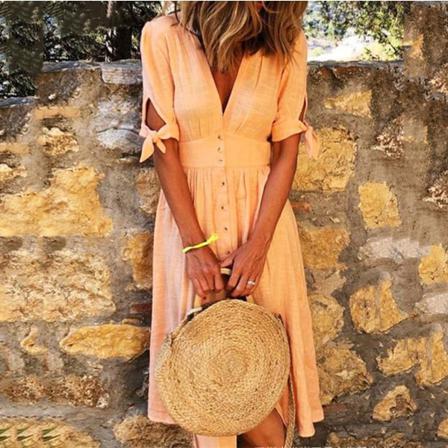 Casual Kvinnor Summer Beach Boho Klänning Sexig Djup V-ringad Solid Hal