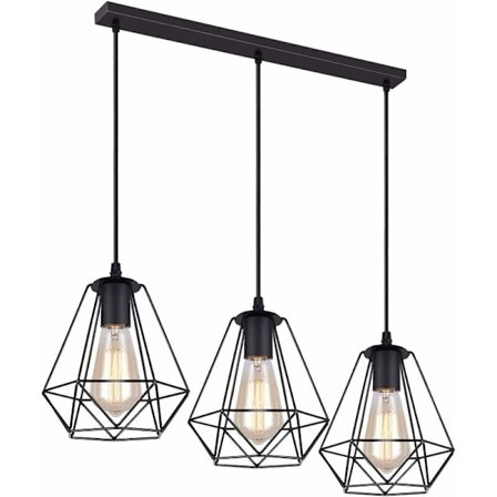 3 Vintage Pendellampor, 20cm Metall Pendel Kandelaber Lampskärm Diamant Burformad Ljusarmatur med Stångstöd, Svart (3 Ljus - 50cm) KLB