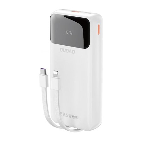 Dudao K15Pro Power Bank 20000mAh 22,5W PD USB-C / USB-A / Inbyggda Lightning- och USB-C-kablar - Vit