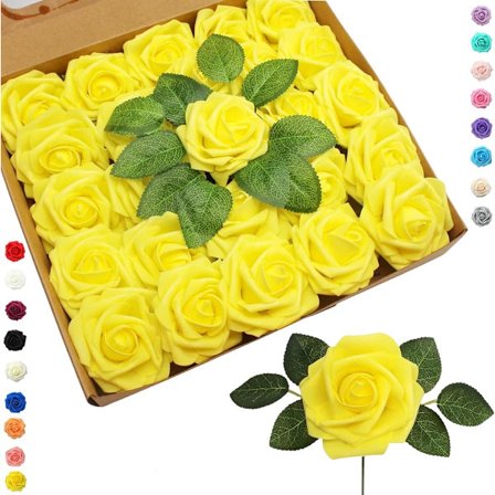 ING 25 kunstige roser, 8 cm i diameter, med stilk, pakket i en pose eller æske med en PE blomsterholder og skumblomsterhoved