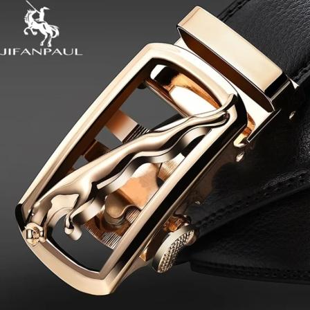 JIFANPAUL äkta läder enkla bälte för män modedesigner företag nytt bälte Jaguar mönster dekorativ legering automatiskt spänne ZD222 Gold 110CM 