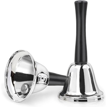 Pakke håndklokke, sølv stålklokke, klokke med håndtag, middagsklokke i klasseværelset, til madlinje, alarm, jingle, sølvklokke